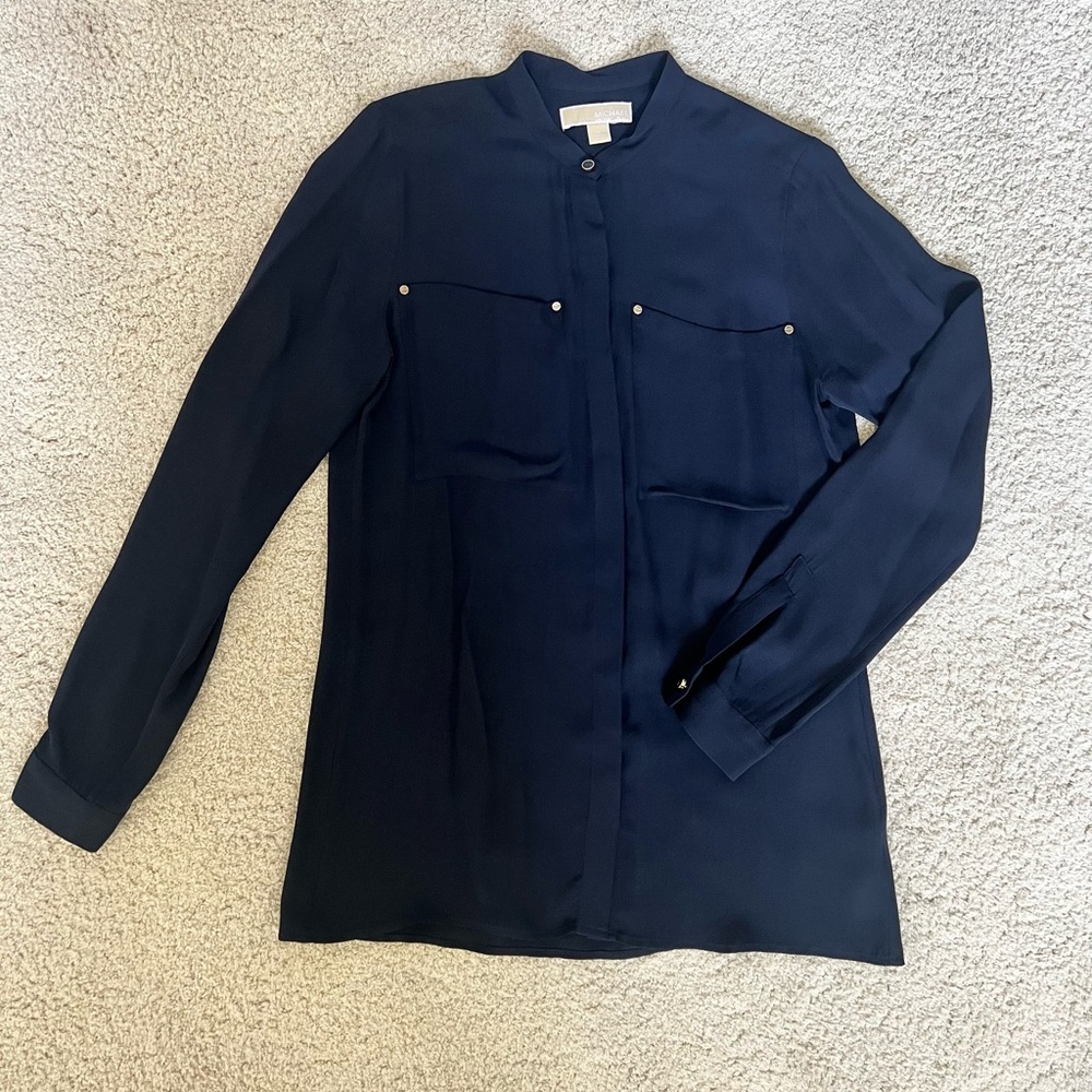Navy Long-Sleeve Button Front Blouse - Unbranded